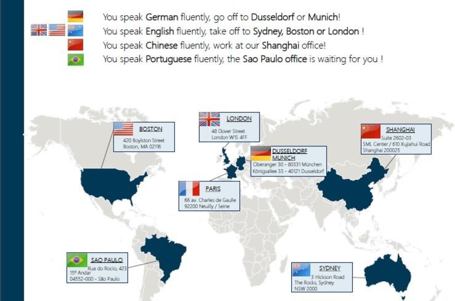 Advancy propose des stages de conseil en stratégie à Boston, Münich, Londres, Düsseldorf, Shanghai, Sydney ou Sao Paulo