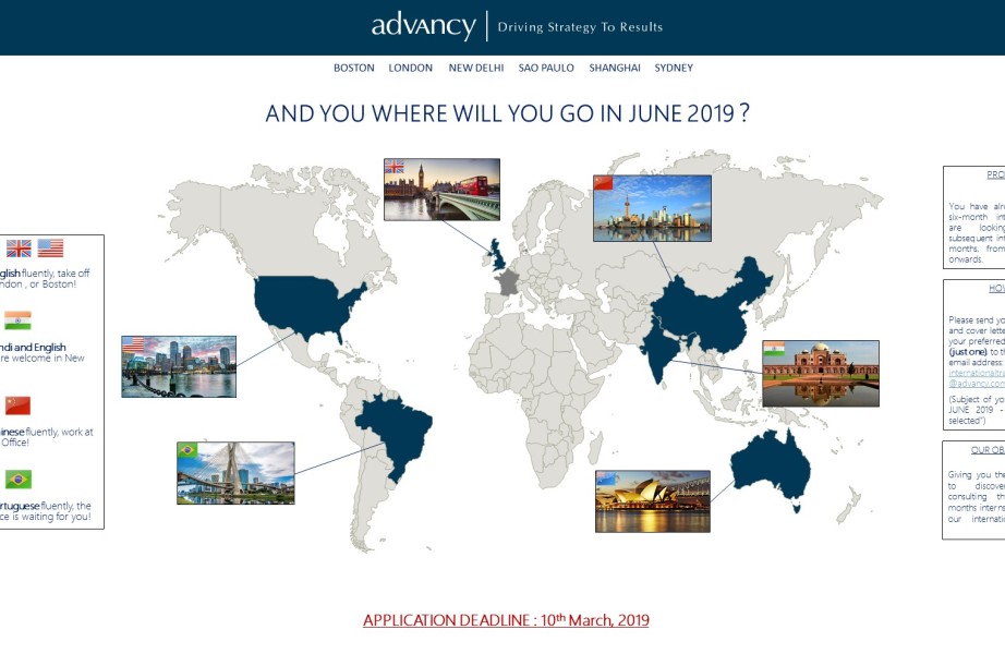 Advancy propose des stages de conseil en stratégie à Boston, Londres, New Delhi, Shanghai, Sydney ou Sao Paulo